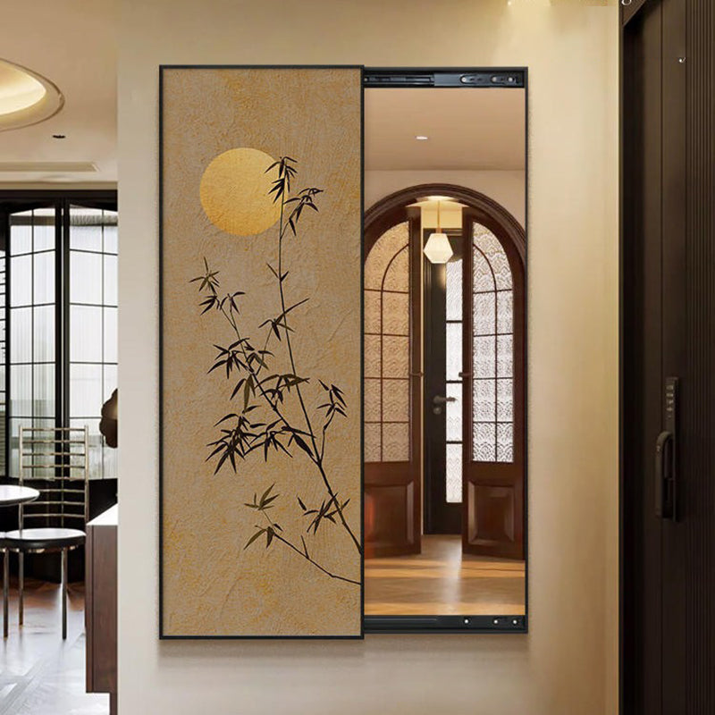 Traditional Chinese Rectangular Aluminum Alloy Crystal Ceramic Canvas Float Glass Push-Slide Full-Length Mirror For Bedroom & Entryways