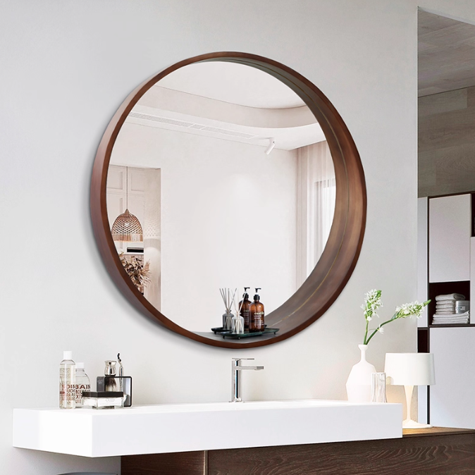 Contemporary Scandinavian Round Solid Pine Wood Float Glass Wall Mirror For Bedroom