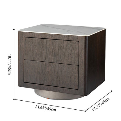 Traditional Vintage Square Nightstand: White Stone Slab-Top Dual-Drawer American-Style Veneered - Solid Wood Texture Bedside Table For Bedroom