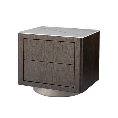 Traditional Vintage Square Nightstand: White Stone Slab-Top Dual-Drawer American-Style Veneered - Solid Wood Texture Bedside Table For Bedroom