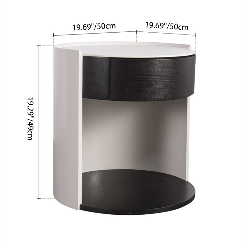 Modern Luxury Round Veneered - Solid Wood Texture Nightstand: Single Drawer Storage - Curved Aesthetic Bedside Table For Bedroom