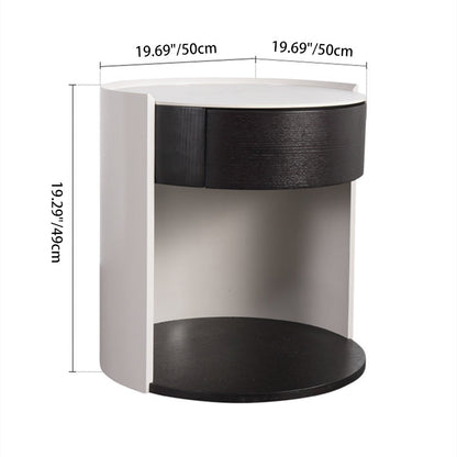 Modern Luxury Round Veneered - Solid Wood Texture Nightstand: Single Drawer Storage - Curved Aesthetic Bedside Table For Bedroom