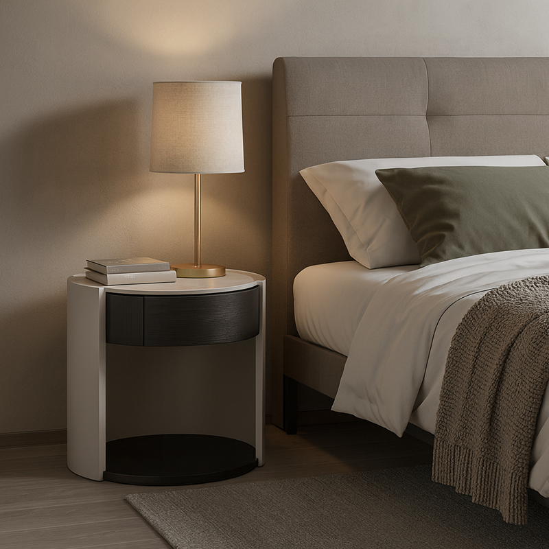 Modern Luxury Round Veneered - Solid Wood Texture Nightstand: Single Drawer Storage - Curved Aesthetic Bedside Table For Bedroom
