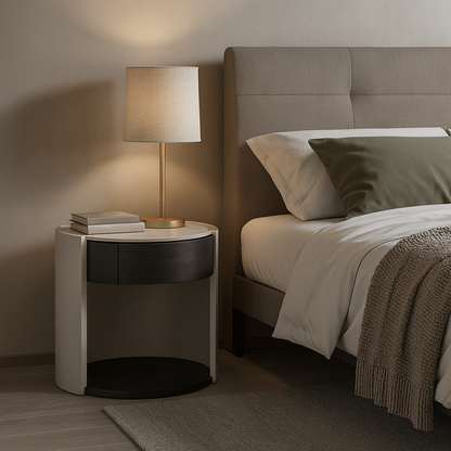 Modern Luxury Round Veneered - Solid Wood Texture Nightstand: Single Drawer Storage - Curved Aesthetic Bedside Table For Bedroom