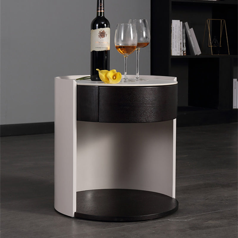 Modern Luxury Round Veneered - Solid Wood Texture Nightstand: Single Drawer Storage - Curved Aesthetic Bedside Table For Bedroom