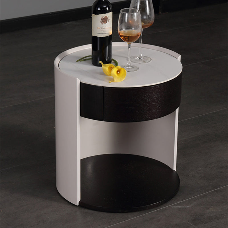 Modern Luxury Round Veneered - Solid Wood Texture Nightstand: Single Drawer Storage - Curved Aesthetic Bedside Table For Bedroom