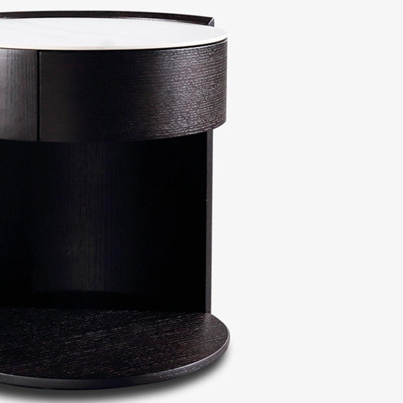 Modern Luxury Round Veneered - Solid Wood Texture Nightstand: Single Drawer Storage - Curved Aesthetic Bedside Table For Bedroom