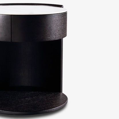 Modern Luxury Round Veneered - Solid Wood Texture Nightstand: Single Drawer Storage - Curved Aesthetic Bedside Table For Bedroom