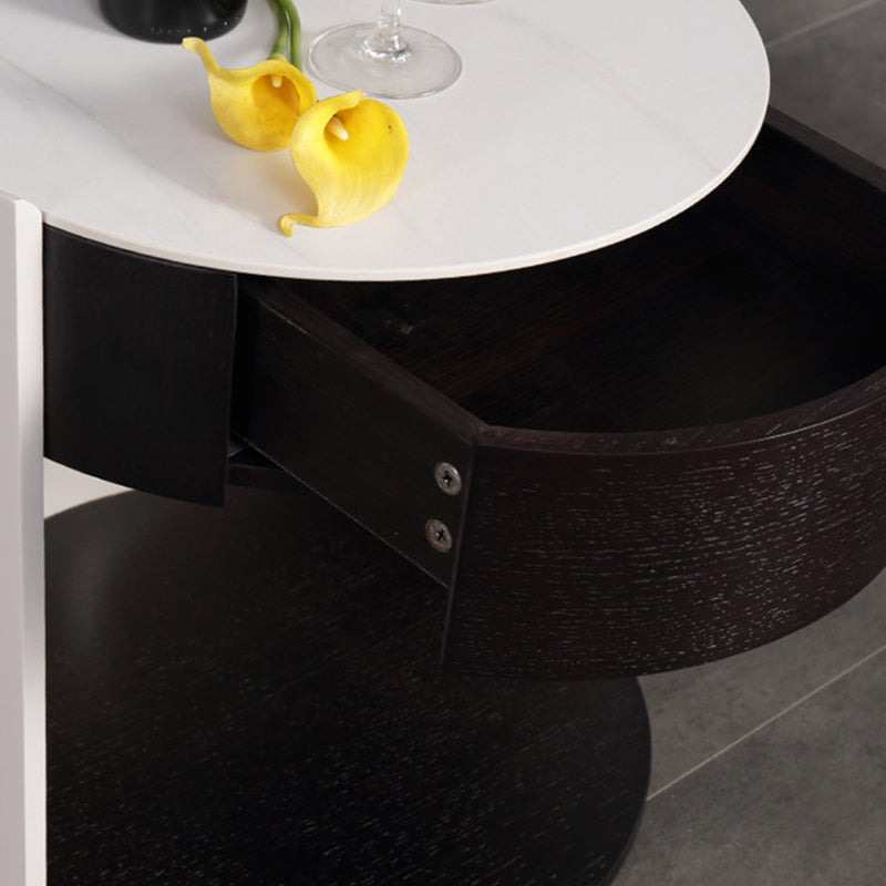 Modern Luxury Round Veneered - Solid Wood Texture Nightstand: Single Drawer Storage - Curved Aesthetic Bedside Table For Bedroom