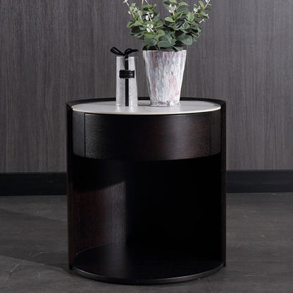 Modern Luxury Round Veneered - Solid Wood Texture Nightstand: Single Drawer Storage - Curved Aesthetic Bedside Table For Bedroom
