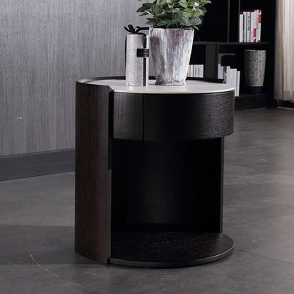 Modern Luxury Round Veneered - Solid Wood Texture Nightstand: Single Drawer Storage - Curved Aesthetic Bedside Table For Bedroom