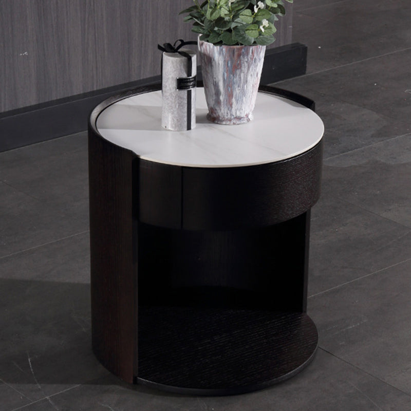 Modern Luxury Round Veneered - Solid Wood Texture Nightstand: Single Drawer Storage - Curved Aesthetic Bedside Table For Bedroom