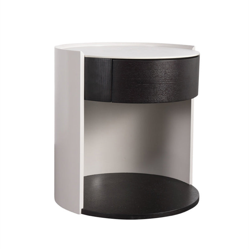 Modern Luxury Round Veneered - Solid Wood Texture Nightstand: Single Drawer Storage - Curved Aesthetic Bedside Table For Bedroom