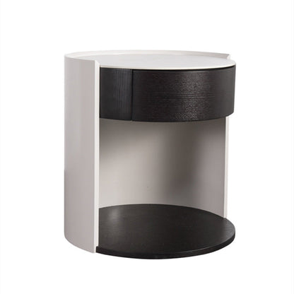Modern Luxury Round Veneered - Solid Wood Texture Nightstand: Single Drawer Storage - Curved Aesthetic Bedside Table For Bedroom