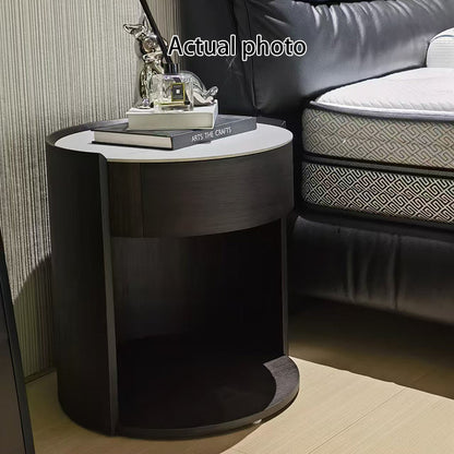 Modern Luxury Round Veneered - Solid Wood Texture Nightstand: Single Drawer Storage - Curved Aesthetic Bedside Table For Bedroom