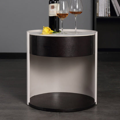 Modern Luxury Round Veneered - Solid Wood Texture Nightstand: Single Drawer Storage - Curved Aesthetic Bedside Table For Bedroom