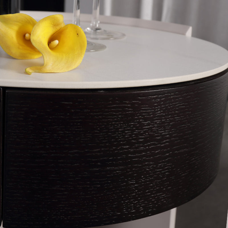 Modern Luxury Round Veneered - Solid Wood Texture Nightstand: Single Drawer Storage - Curved Aesthetic Bedside Table For Bedroom