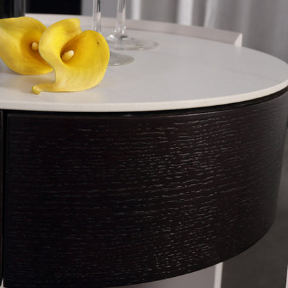 Modern Luxury Round Veneered - Solid Wood Texture Nightstand: Single Drawer Storage - Curved Aesthetic Bedside Table For Bedroom