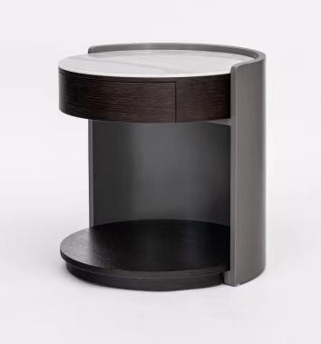 Modern Luxury Round Veneered - Solid Wood Texture Nightstand: Single Drawer Storage - Curved Aesthetic Bedside Table For Bedroom