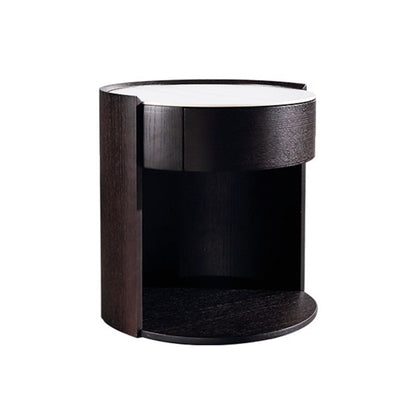 Modern Luxury Round Veneered - Solid Wood Texture Nightstand: Single Drawer Storage - Curved Aesthetic Bedside Table For Bedroom