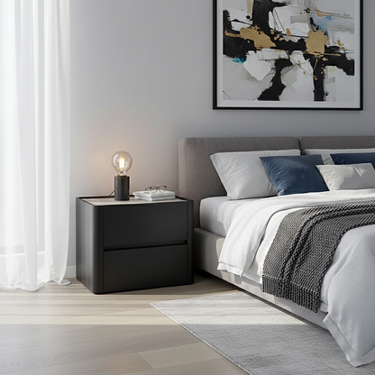 Modern Minimalist Black Dual-Drawer Nightstand: Sleek Rectangular Design - Efficient Storage Bedside Table For Bedroom