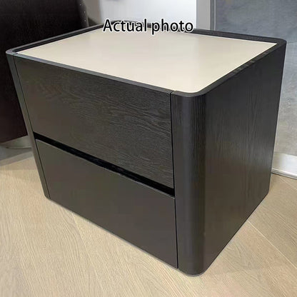 Modern Minimalist Black Dual-Drawer Nightstand: Sleek Rectangular Design - Efficient Storage Bedside Table For Bedroom