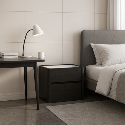 Modern Minimalist Black Dual-Drawer Nightstand: Sleek Rectangular Design - Efficient Storage Bedside Table For Bedroom