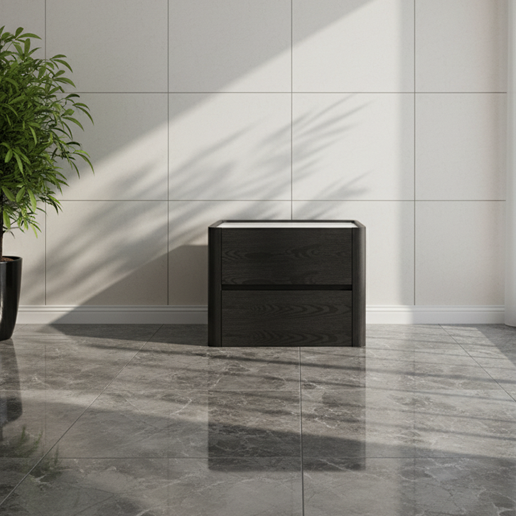 Modern Minimalist Black Dual-Drawer Nightstand: Sleek Rectangular Design - Efficient Storage Bedside Table For Bedroom