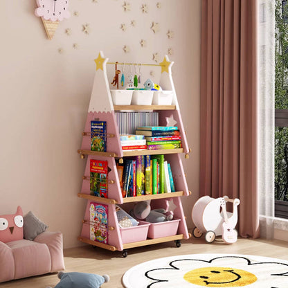 Contemporary Creative Triangle Christmas Tree-Shaped Red Oak Solid Wood ABS Christmas Bookshelf 4-Tier For Bedroom & Living Room