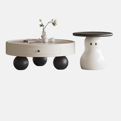 Contemporary Scandinavian Round Multi-Layer Solid Wood Panel Solid Pine Wood Fiberglass Snowman Coffee Table Combination 1-Drawer For Living Room