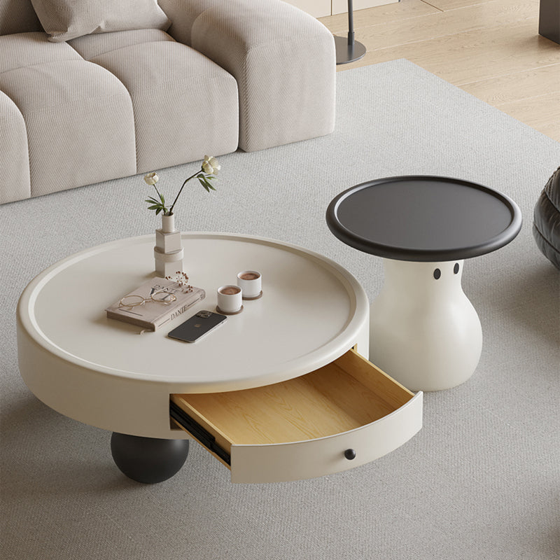 Contemporary Scandinavian Round Multi-Layer Solid Wood Panel Solid Pine Wood Fiberglass Snowman Coffee Table Combination 1-Drawer For Living Room