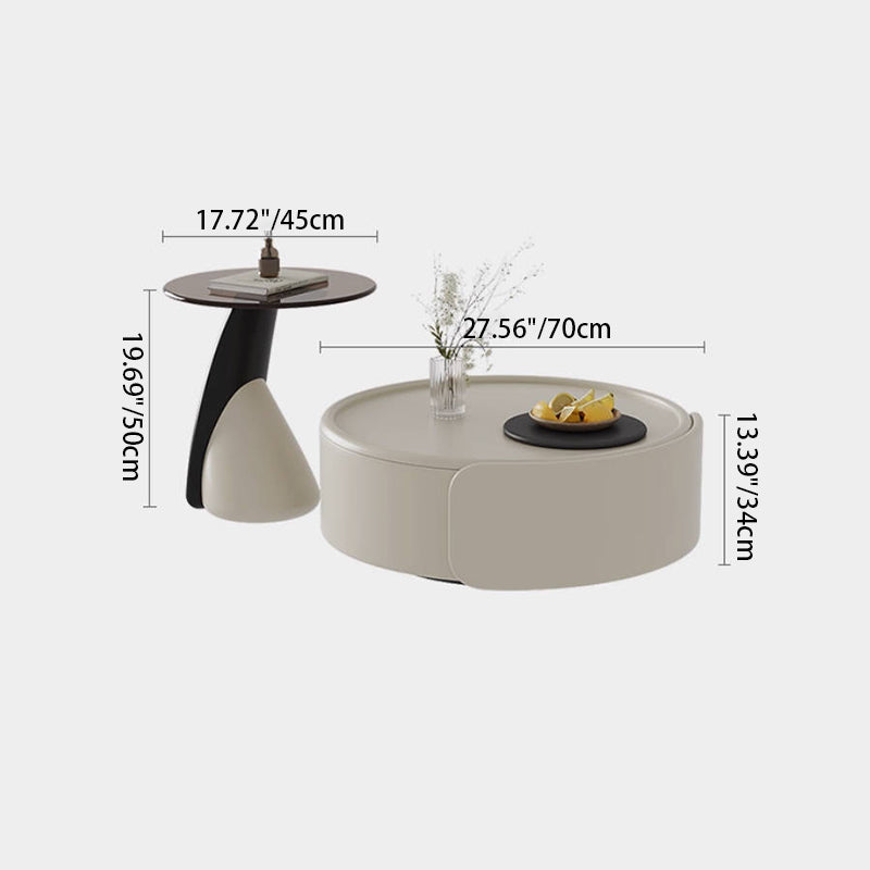 Contemporary Scandinavian Round Multi-Layer Solid Wood Panel Tempered Glass Fiberglass Coffee Table Combination With 1-Drawer For Living Room