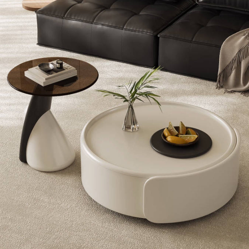 Contemporary Scandinavian Round Multi-Layer Solid Wood Panel Tempered Glass Fiberglass Coffee Table Combination With 1-Drawer For Living Room