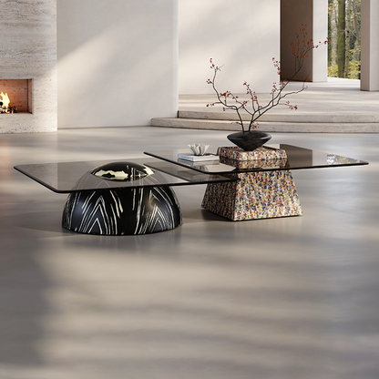 Modern Luxury Square Veneered E0 Eco-Friendly Medium-Density Fiberboard Tempered Glass Coffee Table Combination For Living Room