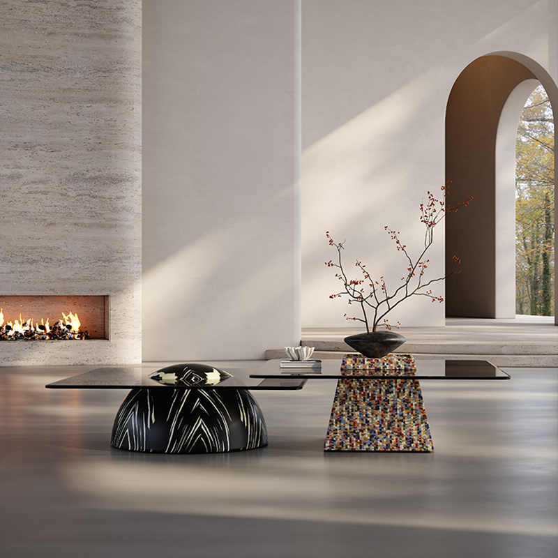 Modern Luxury Square Veneered E0 Eco-Friendly Medium-Density Fiberboard Tempered Glass Coffee Table Combination For Living Room