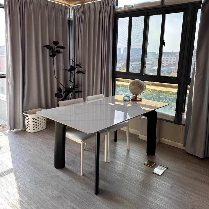 Traditional French Rectangular Stone Slab Medium-Density Fiberboard Carbon Steel Dining Table For Dining Room