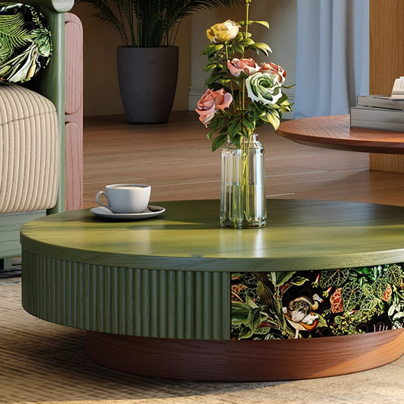 Traditional French Round Solid Wood Multi-Layer Solid Wood Panel Velvet Fabric Coffee Table 1-Drawer For Living Room