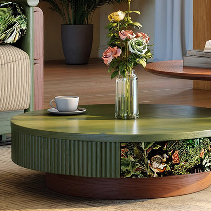 Traditional French Round Solid Wood Multi-Layer Solid Wood Panel Velvet Fabric Coffee Table 1-Drawer For Living Room