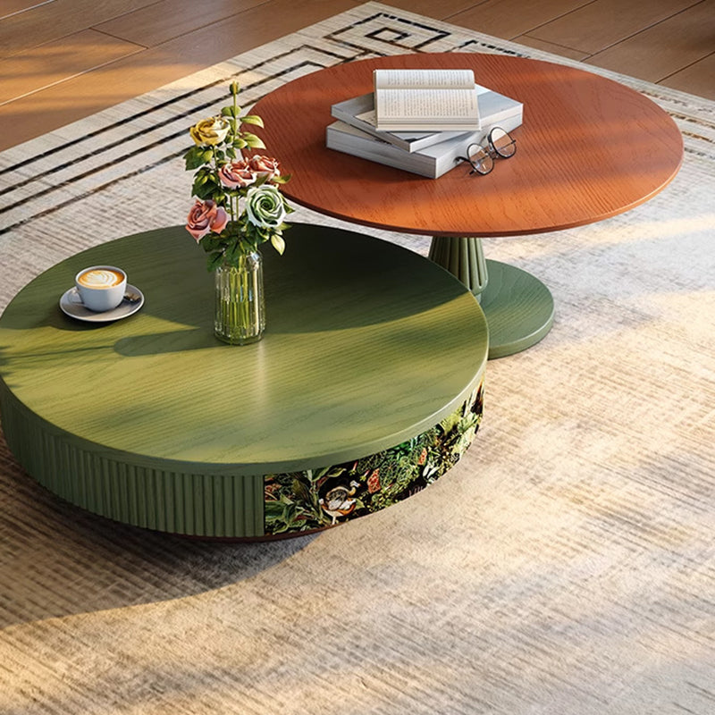 Traditional French Round Solid Wood Multi-Layer Solid Wood Panel Velvet Fabric Coffee Table 1-Drawer For Living Room