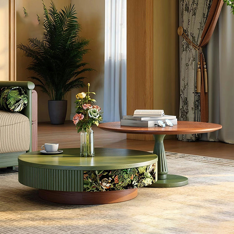 Traditional French Round Solid Wood Multi-Layer Solid Wood Panel Velvet Fabric Coffee Table 1-Drawer For Living Room