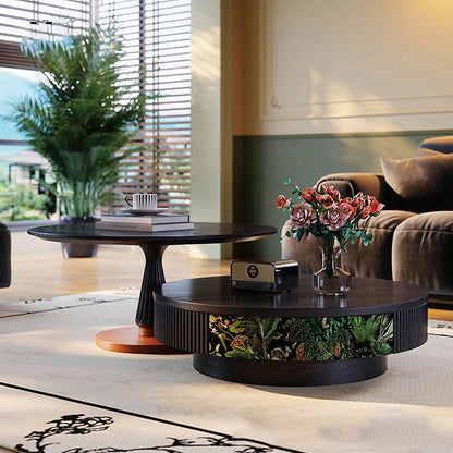 Traditional French Round Solid Wood Multi-Layer Solid Wood Panel Velvet Fabric Coffee Table 1-Drawer For Living Room