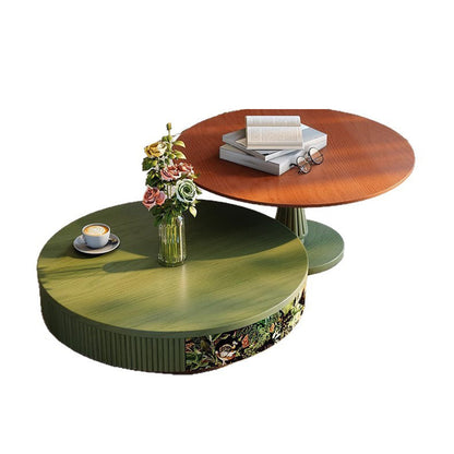 Traditional French Round Solid Wood Multi-Layer Solid Wood Panel Velvet Fabric Coffee Table 1-Drawer For Living Room