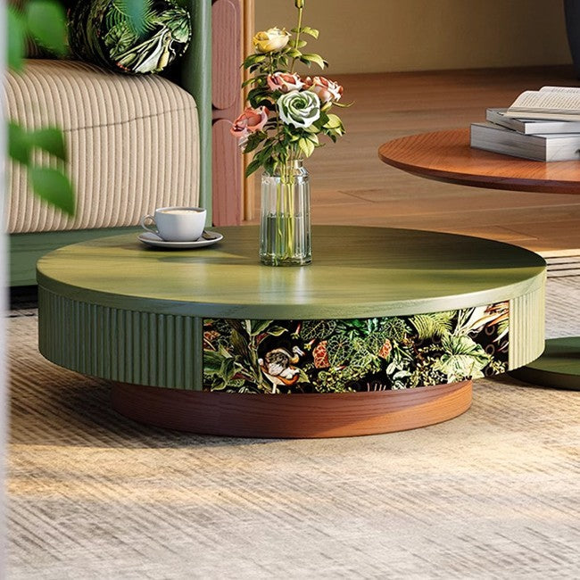 Traditional French Round Solid Wood Multi-Layer Solid Wood Panel Velvet Fabric Coffee Table 1-Drawer For Living Room