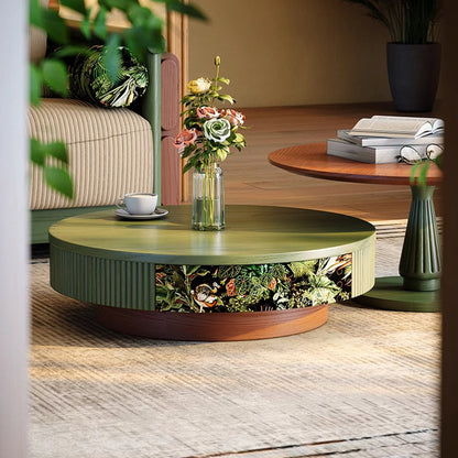 Traditional French Round Solid Wood Multi-Layer Solid Wood Panel Velvet Fabric Coffee Table 1-Drawer For Living Room