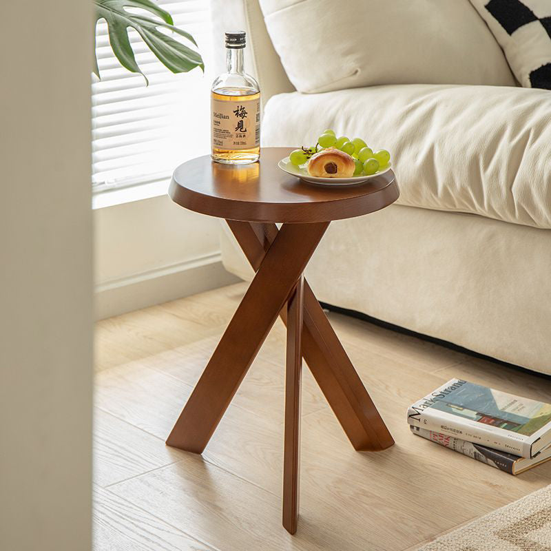 Traditional Vintage Round Solid Pine Wood Side Table For Living Room