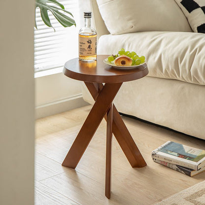 Traditional Vintage Round Solid Pine Wood Side Table For Living Room