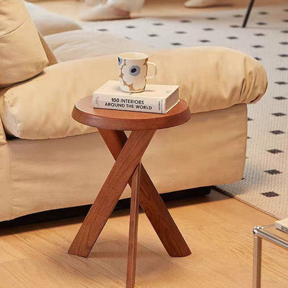 Traditional Vintage Round Solid Pine Wood Side Table For Living Room