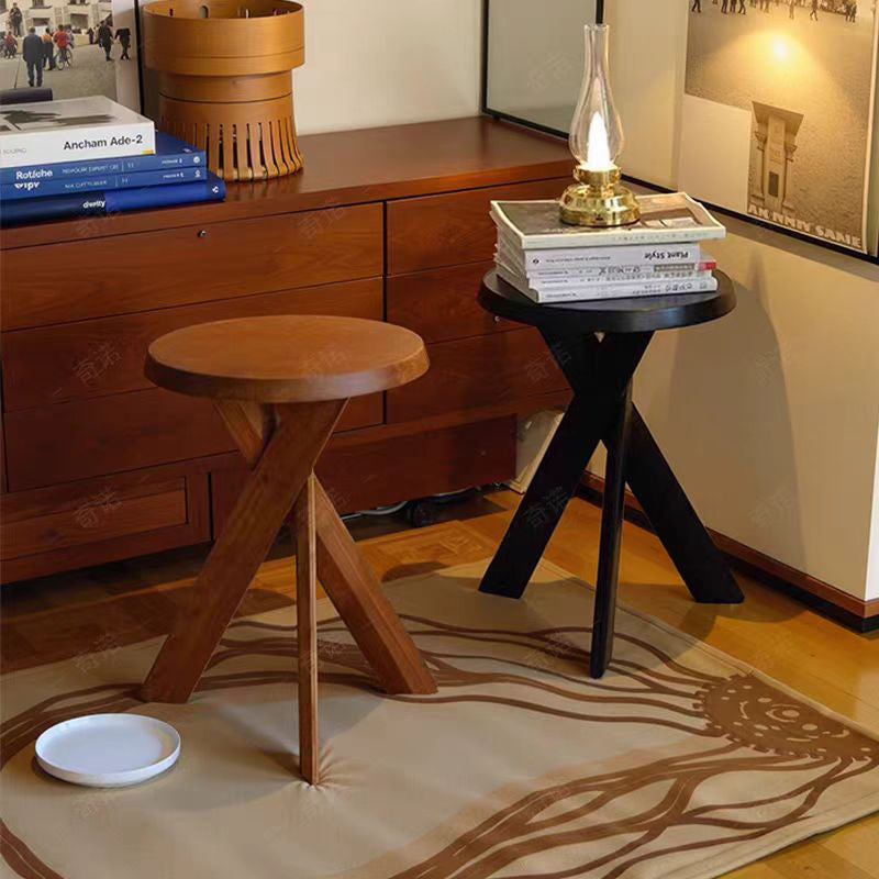 Traditional Vintage Round Solid Pine Wood Side Table For Living Room