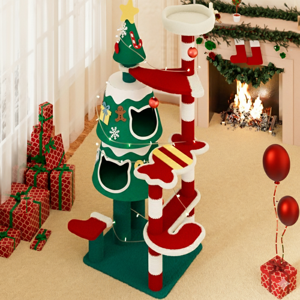 Contemporary Creative Rectangular Medium-Density Fiberboard Paper Tube Kraft Paper Rope Velvet Fabric Christmas Cat Tree 4-Tier For Living Room