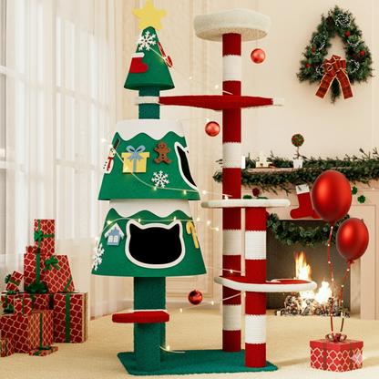 Contemporary Creative Rectangular Medium-Density Fiberboard Paper Tube Kraft Paper Rope Velvet Fabric Christmas Cat Tree 4-Tier For Living Room